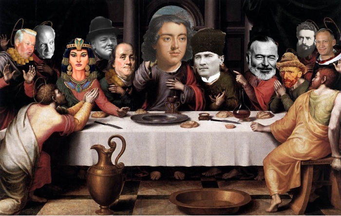 The great drunks of world history: Jeltsin, Picasso, Cleopatra, Churchill, Franklin, Peter the Great, Atatürk, Hemingway, Van Gogh, Botev and Aldrin (from left to right).
