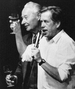 Václav Havel (right) and Alexander Dubcek, leader of the Prague Spring uprising celebrate the resignation of the Czech Communist government in 1989.