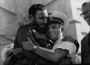 The Cuban leader Fidel Castro embraces Russian national hero Yuri Gagarin.